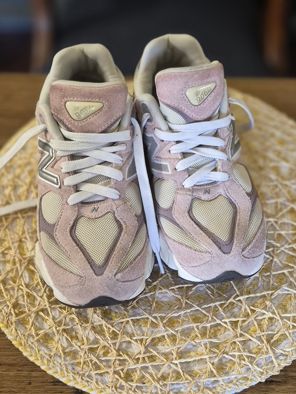 New Balance 990v5 Suede Mesh Sneakers in Dusty Pink and Cream